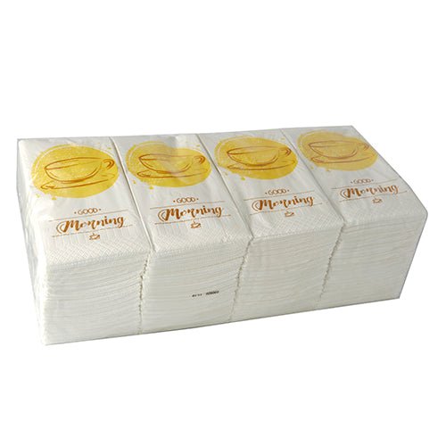 A stack PAPSTAR 250 napkins, 3-ply, 1/8-fold PAPSTAR GmbH, each measuring 33 x 33 cm, featuring a gold teacup and a "Good Morning" design, is packaged in a clear plastic bag.
