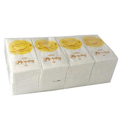 A stack PAPSTAR 250 napkins, 3-ply, 1/8-fold PAPSTAR GmbH, each measuring 33 x 33 cm, featuring a gold teacup and a "Good Morning" design, is packaged in a clear plastic bag.