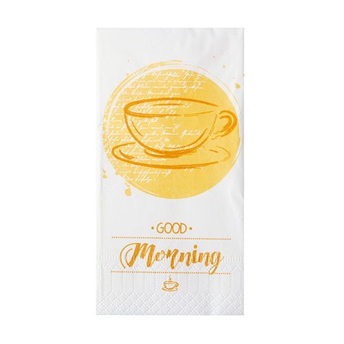 The PAPSTAR 250 napkins, 3-ply, 1/8-fold from PAPSTAR GmbH offers white napkins (33 x 33 cm) featuring a yellow teacup design, "GOOD Morning" lettering, and a teacup symbol—perfect for use in the food service industry.