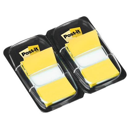 Two packs of 3M Post-it® Index Tabs, Standard (25.4 mm x 43.2 mm, 50 pieces per dispenser), are delivered in a black plastic holder, each with rectangular, ready-to-use adhesive strips.