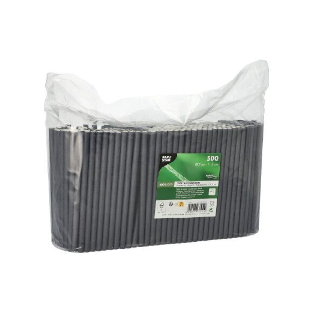 A transparent plastic bag with 500 black cocktail paper straws from PAPSTAR GmbH. The packaging is equipped with a green-white label showing brand and product details. Our FSC-certified paper straws are an environmentally friendly alternative.