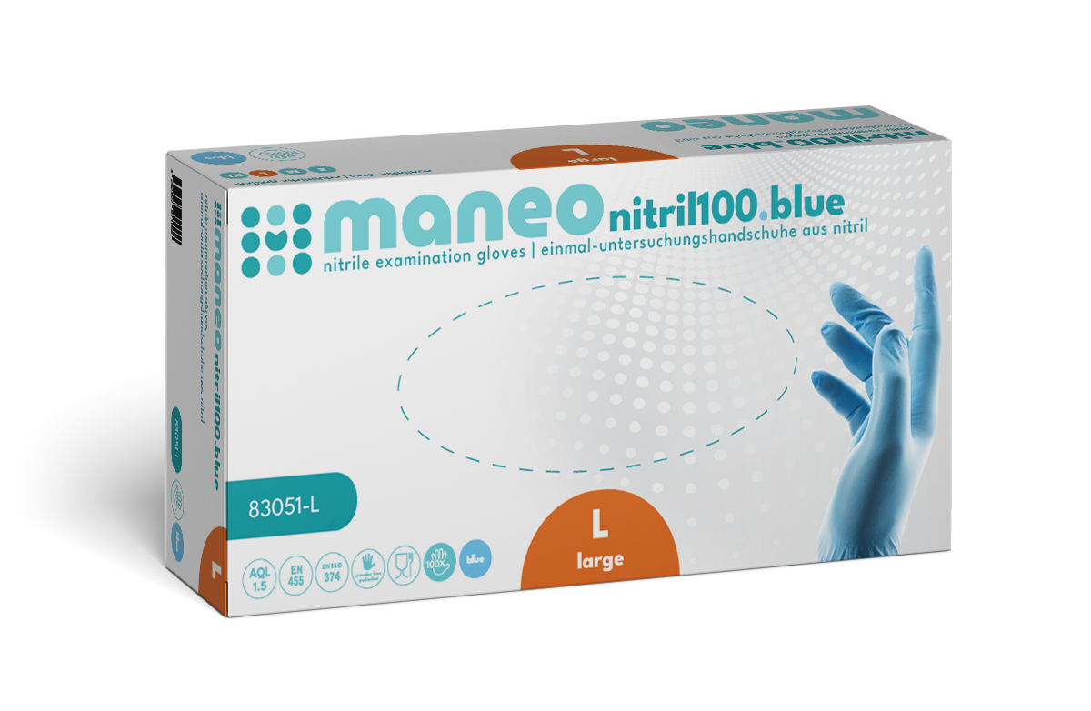 Eine rechteckige Schachtel MANEO Nitril-Handschuhe, hygienisch und strapazierfähig der ARNOWA GmbH in der Größe large zeigt ein überwiegend weißes Design mit blauen und orangefarbenen Akzenten sowie ein Handschuhbild und Hygieneinformationen auf der Vorderseite.