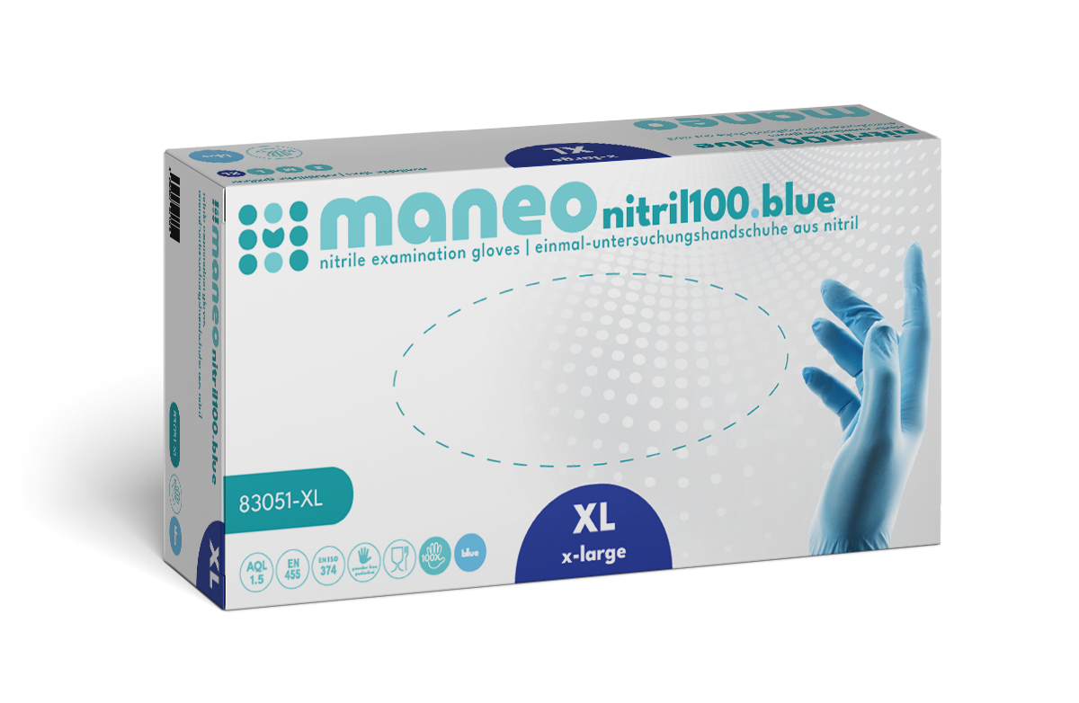 Eine Packung MANEO Nitril-Handschuhe, hygienisch und strapazierfähig von ARNOWA GmbH in XL. Die weiß-blaue Packung zeigt auf der rechten Seite eine behandschuhte Hand, auf der Vorderseite sind Produktdetails und Symbole für hygienischen Schutz abgebildet.