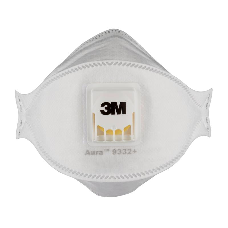 The 3M™ Aura™ Comfort Cool Flow™ Particulate Respirator 9332+, FFP3, with valve from 3M Deutschland GmbH is a white disposable respirator with a central exhalation valve, depicted against a solid white background.