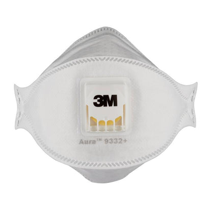 The 3M™ Aura™ Comfort Cool Flow™ Particulate Respirator 9332+, FFP3, with valve from 3M Deutschland GmbH is a white disposable respirator with a central exhalation valve, depicted against a solid white background.