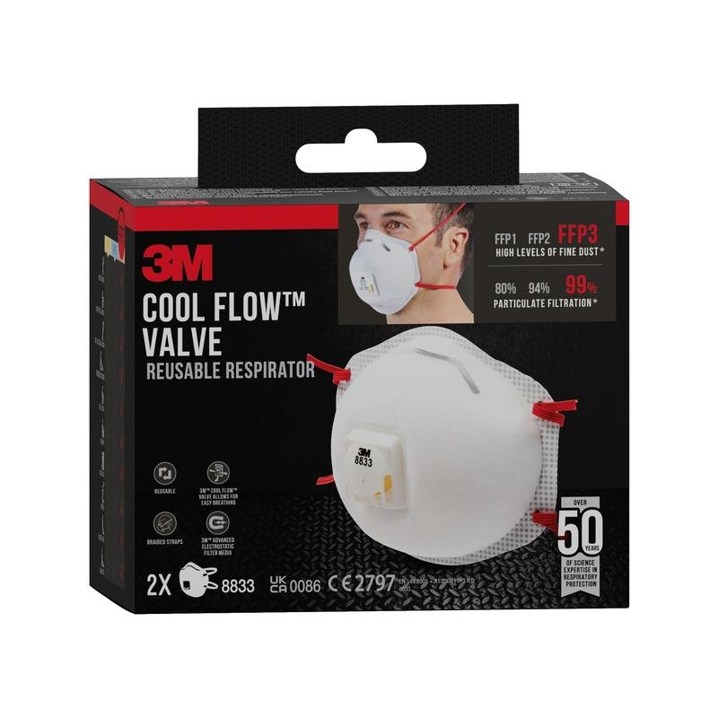 A pack of 3M™ Cool Flow™ Particulate Respirator 8833, FFP3, with valve from 3M Deutschland GmbH offers premium FFP3 protection with a Cool Flow valve; each pack contains two reusable masks.