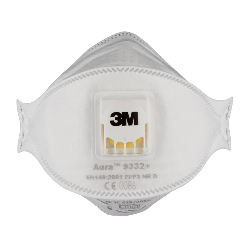 The 3M™ Aura™ Comfort Cool Flow™ Particulate Respirator 9332+ FFP3 from 3M Deutschland GmbH is depicted from the front, with a central valve and printed model and certification information.