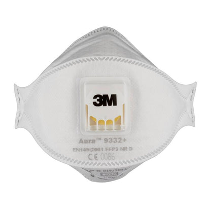 The 3M™ Aura™ Comfort Cool Flow™ Particulate Respirator 9332+ FFP3 from 3M Deutschland GmbH is depicted from the front, with a central valve and printed model and certification information.