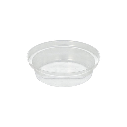 The round Starpak "Hurricane" insert is a small, transparent plastic container made of recyclable PET with a diameter of 9 cm and a height of 2.2 cm, smooth sides and no lid. The package contains 50 pieces. Image on white background.