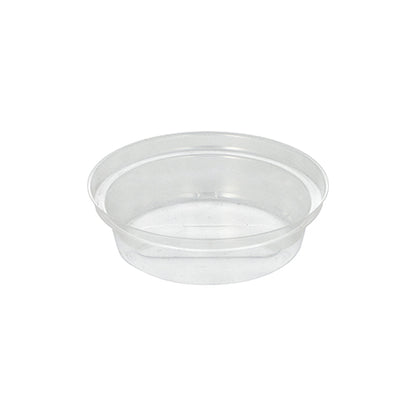 The round Starpak "Hurricane" insert is a small, transparent plastic container made of recyclable PET with a diameter of 9 cm and a height of 2.2 cm, smooth sides and no lid. The package contains 50 pieces. Image on white background.