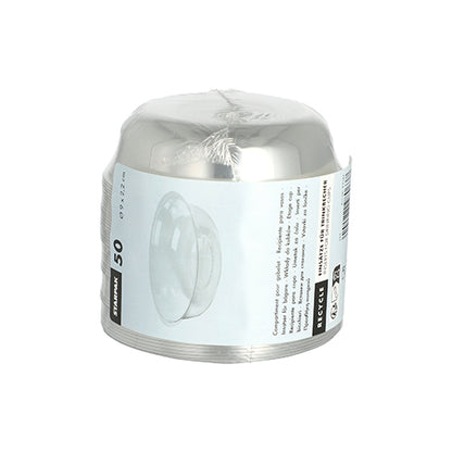 A stack of 50 round Starpak PET inserts "Hurricane" (Ø 9 cm, 2.2 cm) in crystal clear foil with a white label. Ideal as disposable or PET inserts for many occasions. Brand: Starpak.