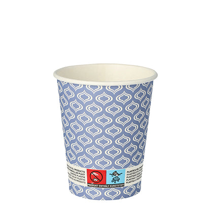 The Starpak 20 drinking cup, cardboard "To Go" 0.2 l by Starpak features a blue-white geometric pattern and a warning sign near the bottom indicating that it contains plastic and should not be disposed of with plastic recycling.