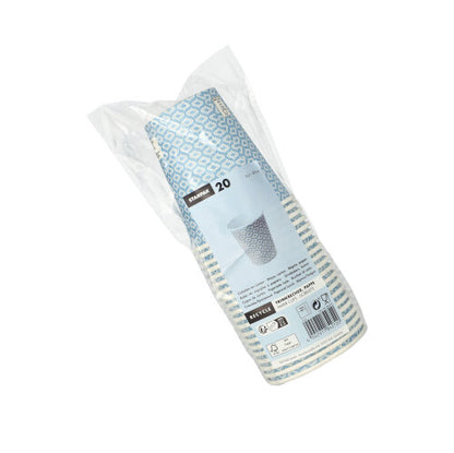 A 20-pack of Starpak "To Go" drinking cups made of recyclable cardboard (0.2 l, Ø 8-9.1 cm) with a blue geometric pattern. The packaging includes product info, recycling symbols, and a barcode.