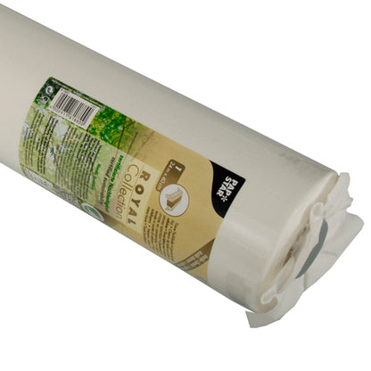 A rolled PAPSTAR table runner, Tissue "ROYAL Collection" (24 m x 40 cm) from PAPSTAR GmbH, packaged in clear foil with a beige label featuring brand information, usage instructions, green and brown accents, and a barcode.