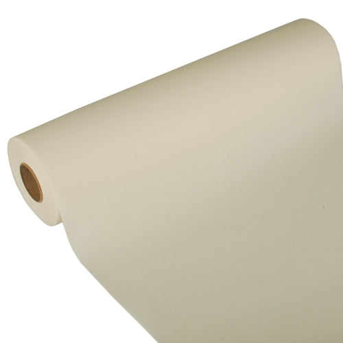 A close-up of the "ROYAL Collection" table runner (24 m x 40 cm) from PAPSTAR GmbH shows a large roll of cream-colored tissue material, partially unrolled, with its cardboard core visible against a white background.