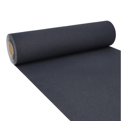 A table runner from PAPSTAR GmbH, Tissue "ROYAL Collection" (24 m x 40 cm), is partially unrolled on a white surface, showing its black premium tissue and the cylindrical cardboard core.