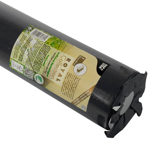 A rolled PAPSTAR table runner, Tissue "ROYAL Collection" (24 m x 40 cm) from PAPSTAR GmbH, with a brown-green label with text and symbols, features black tissue material at the ends of the rolls.