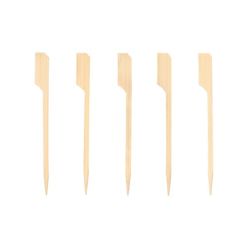 Five PAPSTAR 250 finger food skewers "pure" by PAPSTAR GmbH are arranged vertically on a plain white background. Each pick is light, has a flat, angled end, and a pointed tip - ideal for serving finger food.
