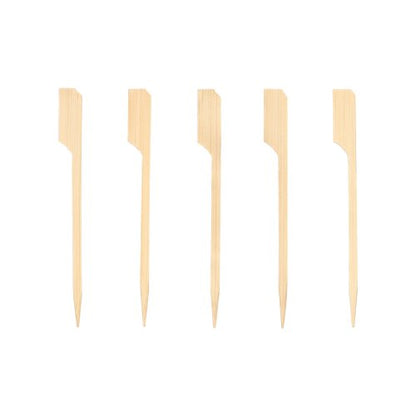 Five PAPSTAR 250 finger food skewers "pure" by PAPSTAR GmbH are arranged vertically on a plain white background. Each pick is light, has a flat, angled end, and a pointed tip - ideal for serving finger food.