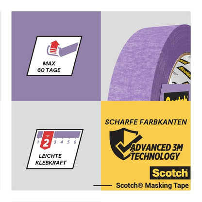 Shown is a roll of Scotch® painter's masking tape for delicate surfaces (24 mm x 41 m) from 3M Deutschland GmbH with icons for 60-day use, light adhesion, sharp paint lines, and PEFC certification for sustainability.