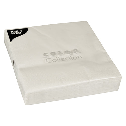 A stack of 50 white, 2-ply napkins (40x40 cm, 1/4 fold) from PAPSTAR GmbH from the COLOR Collection with an embossed top sheet and a small black label in the corner.