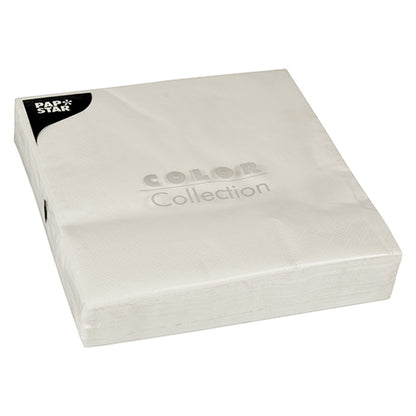 A stack of 50 white, 2-ply napkins (40x40 cm, 1/4 fold) from PAPSTAR GmbH from the COLOR Collection with an embossed top sheet and a small black label in the corner.