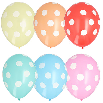 Six 29 cm balloons from PAPSTAR GmbH (PAPSTAR 6 balloons colorfully assorted) in yellow, orange, red, green, blue, and pink with white dots - arranged in two rows of three on a plain white background.