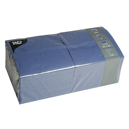 A sealed plastic package of PAPSTAR 250 napkins, 3-ply, 1/8-fold PAPSTAR GmbH. The blue napkins are folded, stacked in two rows, and measure 33 x 33 cm each, as indicated on the packaging.