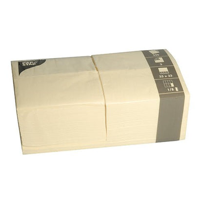 A stack PAPSTAR 250 napkins, 3-ply, 1/8-fold PAPSTAR GmbH (33 x 33 cm), folded and packaged in clear plastic wrap with a gray label bearing product information on one side.