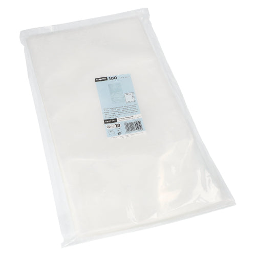 A transparent Starpak vacuum bag (PA/PE) contains 100 white napkins, which are provided with a blue and white Starpak label with brand information and a barcode.