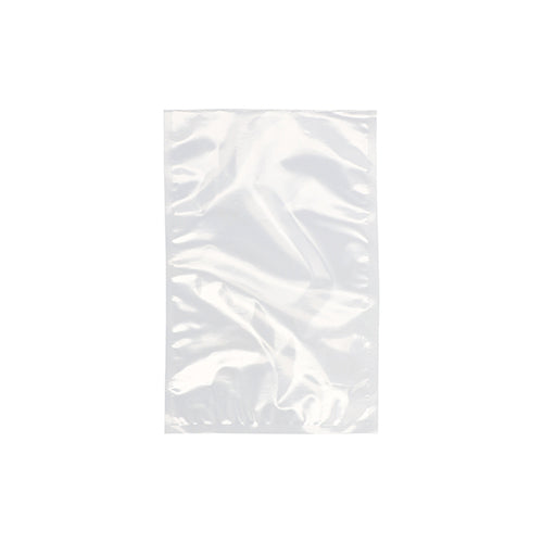 A Starpak 100 vacuum seal bag, PA/PE transparent from Starpak is depicted empty and clear against a white background. The rectangular plastic bag, frequently used with chamber vacuum sealers, appears flat and slightly crumpled.