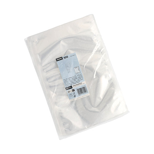 Starpak 100 vacuum bags, PA/PE transparent (40 x 30 cm) in a clear plastic packaging, sealed with a blue and white Starpak label with brand, quantity, and barcode.
