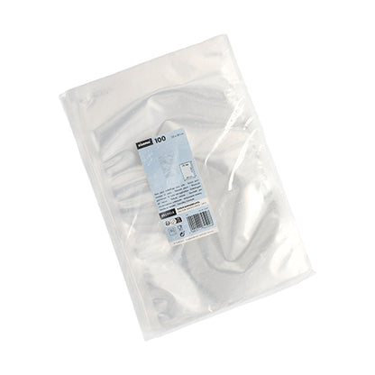 Starpak 100 vacuum bags, PA/PE transparent (40 x 30 cm) in a clear plastic packaging, sealed with a blue and white Starpak label with brand, quantity, and barcode.