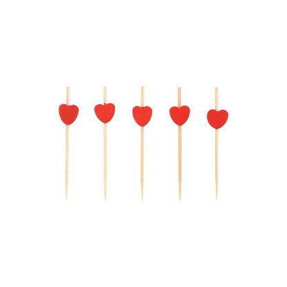 Five PAPSTAR 100 finger food - picks from PAPSTAR GmbH are lined up on a white background, each with a small red heart at the top edge.