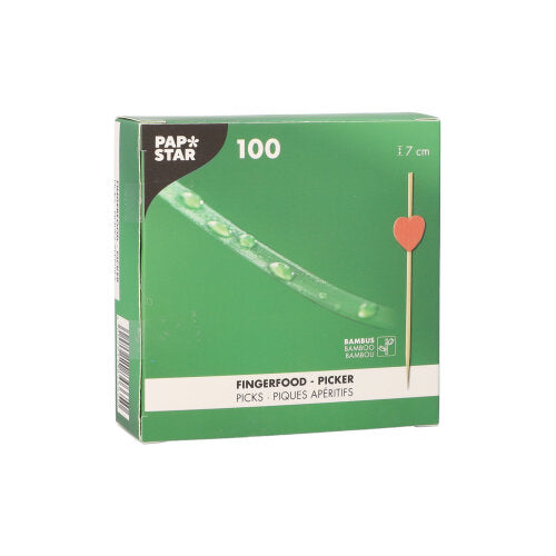 A green box of PAPSTAR 100 Fingerfood - Picker from PAPSTAR GmbH contains 100 picks (7 cm) with small red hearts - ideal for finger food or as decorative stickers at your next event.