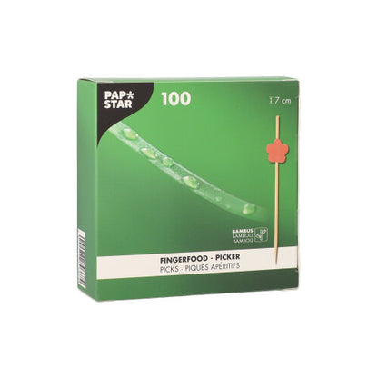 A green box from PAPSTAR GmbH 100 Fingerfood-Picker with the image of a pick with a red flower-shaped tip; the labels show that the picks are 7 cm long.