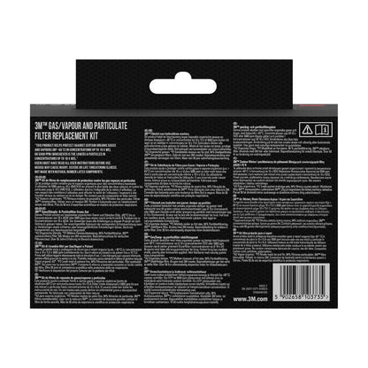 Back view of a box from 3M Deutschland GmbH with details about 3M™ Particulate Filter 5935, P3 (2 pairs/pack) + filter holder 501 (1 pair/pack), with product information, instructions for use, and barcode in white on black.