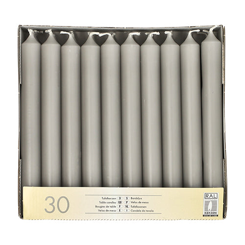 A box of 30 tall, gray Starpak 30 table candles (Ø 2.1 cm · 19.6 cm) is neatly arranged upright in three rows and features a beige label with quantity and details – ideal for an elegant table decoration.