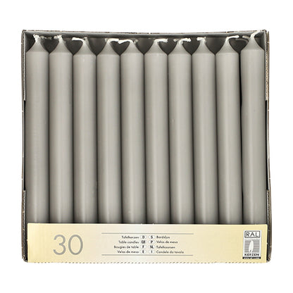A box of 30 tall, gray Starpak 30 table candles (Ø 2.1 cm · 19.6 cm) is neatly arranged upright in three rows and features a beige label with quantity and details – ideal for an elegant table decoration.