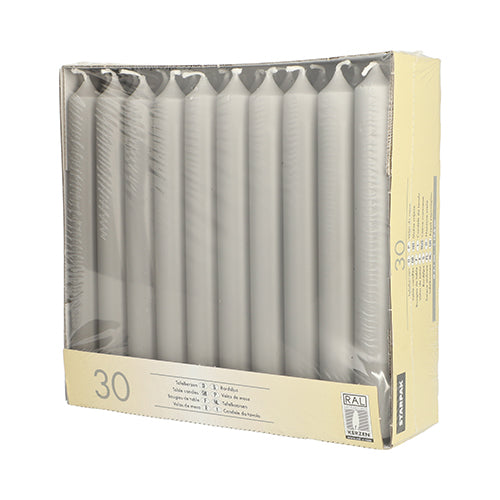 The Starpak 30 table candles (Ø 2.1 cm, 19.6 cm) package contains gray taper candles in an upright, plastic-wrapped box. Product details are visible at the bottom left and side of the packaging – ideal for a stylish table decoration.