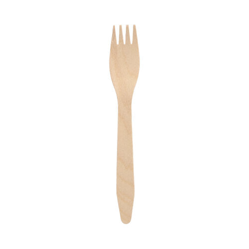 A PAPSTAR fork made of FSC® wood "pure", environmentally friendly (16.5 cm), by PAPSTAR GmbH, is placed centrally on a white background.