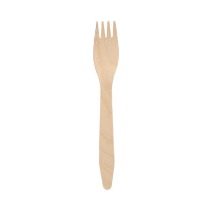 A PAPSTAR fork made of FSC® wood "pure", environmentally friendly (16.5 cm), by PAPSTAR GmbH, is placed centrally on a white background.