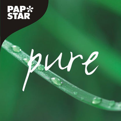 A close-up of a green blade of grass with water droplets, "pure" in white script, and a black corner with the PAPSTAR logo - this is how the PAPSTAR wooden spoon "pure" 15.7 cm is presented: eco-friendly and sturdy, 100 pieces folding box.