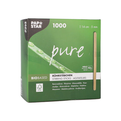A green box of PAPSTAR GmbH with the inscription "wooden stirring sticks pure" contains 1000 environmentally friendly, stable wooden stirring sticks (14 cm), with a window and multilingual text on the FSC-certified folding box.