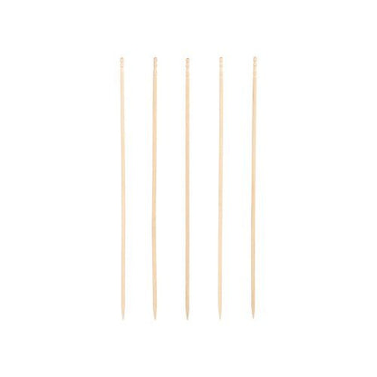Five PAPSTAR finger food picks "pure", 15 cm, elegantly turned, are arranged vertically against a white background. The wooden skewers from PAPSTAR GmbH have a pointed end and a rounded head - perfect for catering.