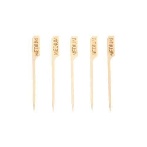 Five PAPSTAR 250 steak markers 9 cm with the inscription "MEDIUM", upright on a white background – ideal for professional meat labeling in gastronomy. Brand: PAPSTAR GmbH.