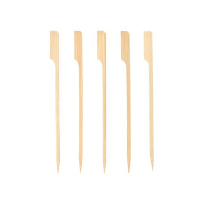 Five PAPSTAR 250 finger food skewers "pure" by PAPSTAR GmbH with flat, notched wooden sticks and pointed tips are lined up on a white background - ideal for any party buffet.