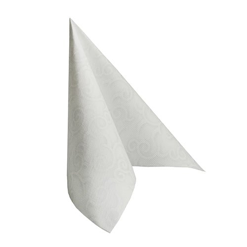 The white napkin PAPSTAR 50 napkins "ROYAL Collection" 1/4-fold 40 x 40 cm from PAPSTAR GmbH stands upright in a folded triangular shape and is adorned with a subtle, embossed swirl pattern on the surface.
