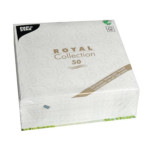 A sealed package PAPSTAR GmbH 50 napkins "ROYAL Collection" 1/4-fold, 40 x 40 cm, white napkins with pattern and gold/black text on the front. The packaging includes recycling symbols in the upper corners.