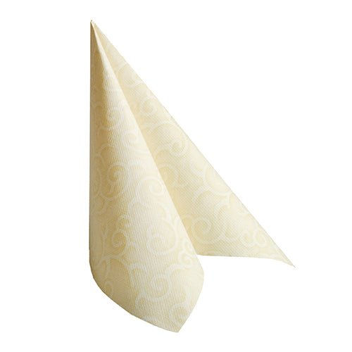 A single champagne-colored napkin PAPSTAR 50 napkins "ROYAL Collection" 40 x 40 cm from PAPSTAR GmbH is folded vertically into a pointed triangle against a white background.